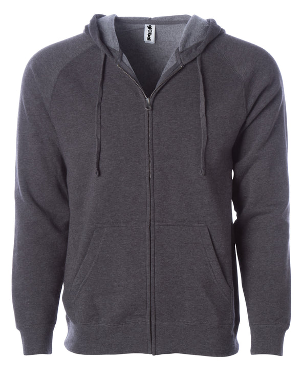 Front of a charcoal gray fleece zip-up hoodie with front pockets and a drawstring.