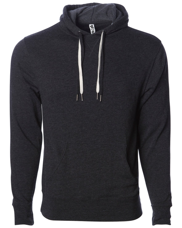 Front of charcoal gray french terry pullover hoodie with a kangaroo pocket, two drawstrings, and thumbholes.