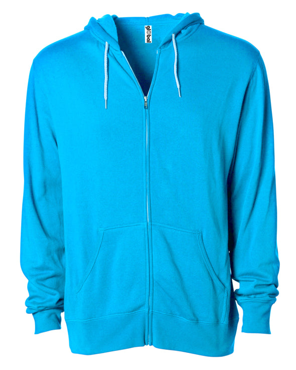 Front of a turquoise zip-up fleece hoodie with front pockets and a white drawstring.