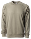 Front of an olive green french terry long sleeve crew neck sweater.
