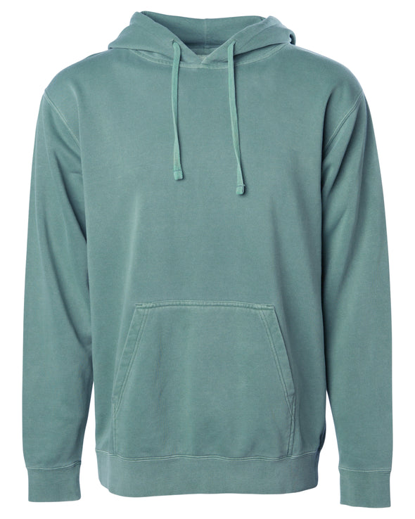 Front of a pastel green pullover hoodie with a kangaroo pocket.