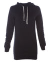 Front of a black long-sleeve sweater dress with a kangaroo pocket and hood.