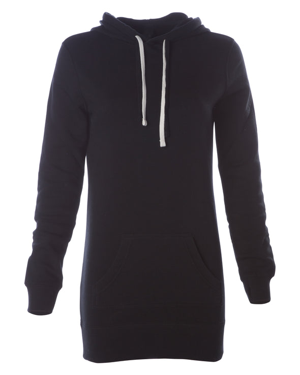 Front of a black long-sleeve sweater dress with a kangaroo pocket and hood.