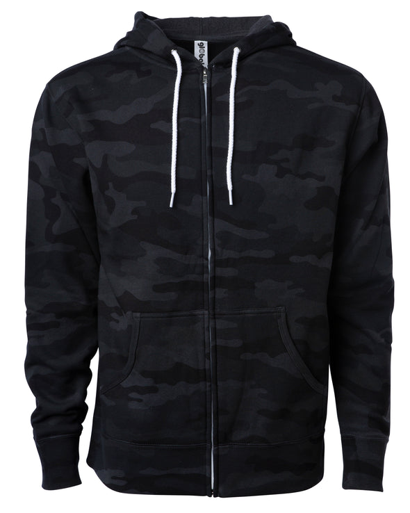 Front of a black camouflage zip-up fleece hoodie with front pockets and a white drawstring.