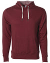Front of burgundy french terry pullover hoodie with a kangaroo pocket, two drawstrings, and thumbholes.