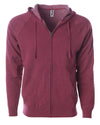 Front of a crimson fleece zip-up hoodie with front pockets and a drawstring.