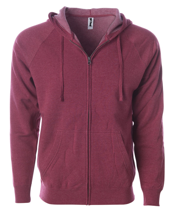 Front of a crimson fleece zip-up hoodie with front pockets and a drawstring.