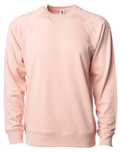 Front of a pink french terry long sleeve crew neck sweater.