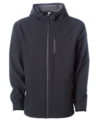 Front of black tech jacket with hood and zipper chest pocket.
