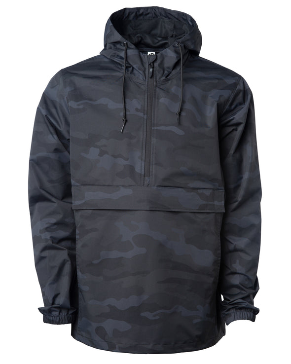 Front of a black camouflage rain jacket with a hood and kangaroo pouch.