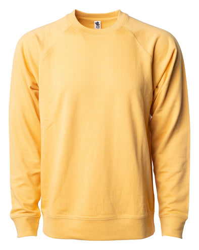Front of a golden yellow french terry long sleeve crew neck sweater.
