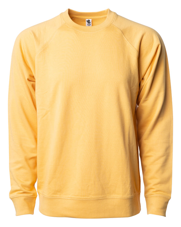 Front of a golden yellow french terry long sleeve crew neck sweater.