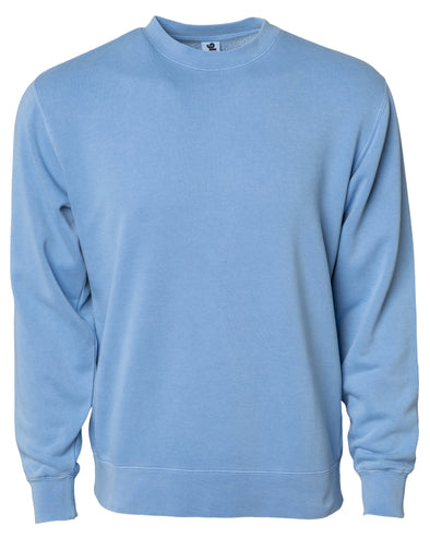 Front of a pastel light blue crew neck sweatshirt.