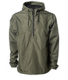 Front of an army green pullover windbreaker with a half zipper, hood, and elastic cuffs.