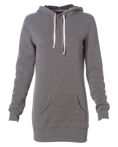 Front of a light gray long-sleeve sweater dress with a kangaroo pocket and hood.