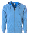 Front of a sky blue fleece zip-up hoodie with front pockets and a drawstring.