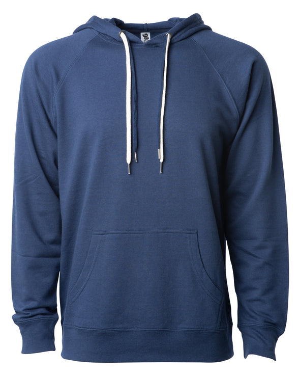 Front of a navy french terry pullover hoodie with a kangaroo pocket and two drawstrings.