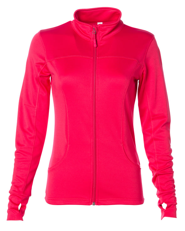 Front of coral pink zip-up yoga jacket with front pockets and thumb holes.
