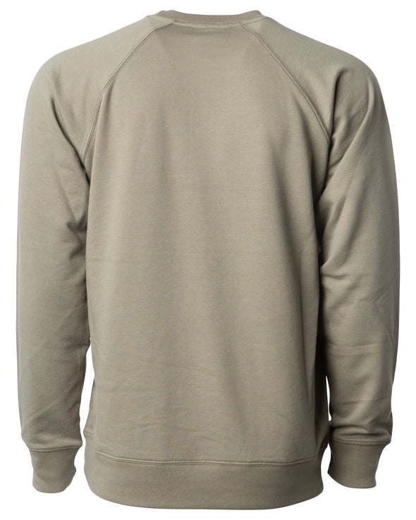 Back of an olive green french terry long sleeve crew neck sweater.