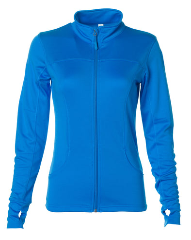 Front of blue zip-up yoga jacket with front pockets and thumb holes.