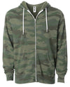 Front of a green camouflage zip-up fleece hoodie with front pockets and a white drawstring.
