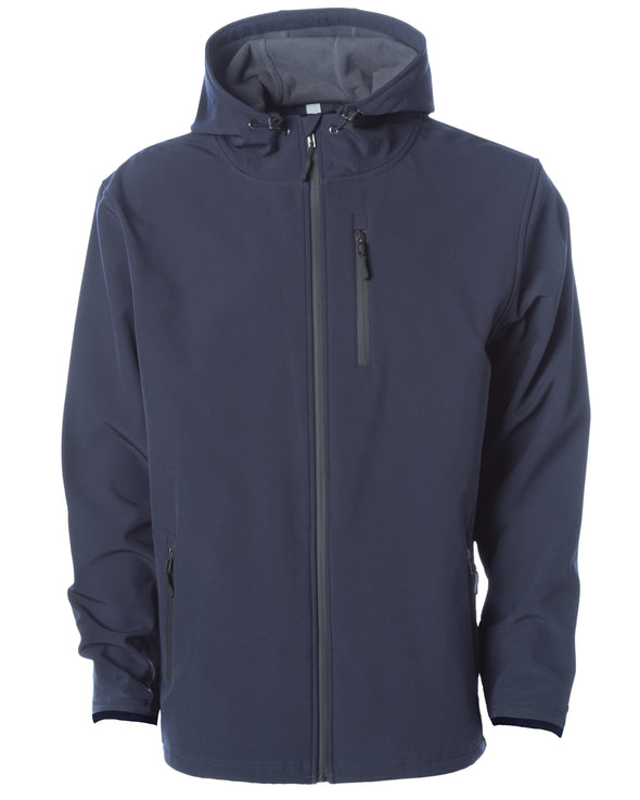 Front of navy tech jacket with hood and zipper chest pocket.