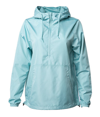 Front of an aqua blue pullover windbreaker with a half zipper, hood, and elastic cuffs.