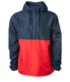Front of a red and navy blue pullover windbreaker with a half zipper, hood, and elastic cuffs.