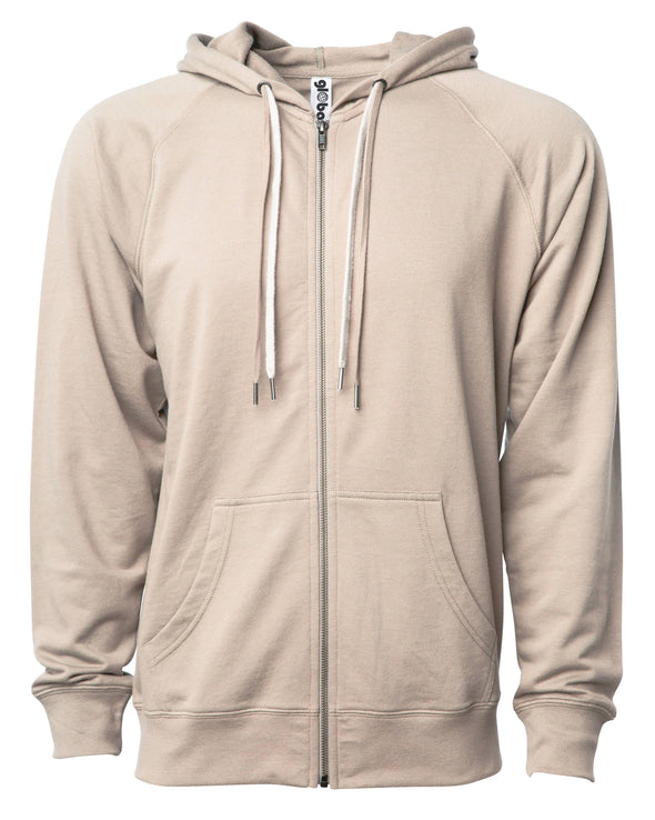 Front of a beige french terry zip-up hoodie with a kangaroo pocket and two drawstrings.