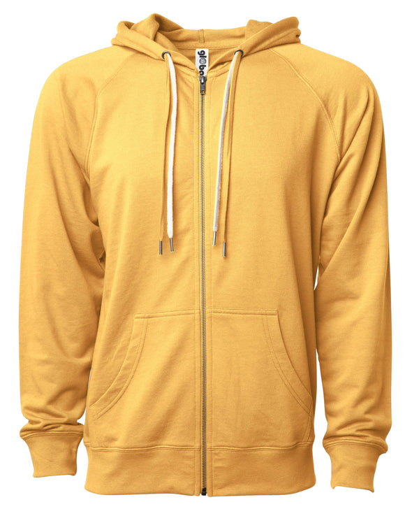 Front of a golden yellow french terry zip-up hoodie with a kangaroo pocket and two drawstrings.