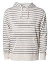 Front of beige and gray striped french terry pullover hoodie with a kangaroo pocket, two drawstrings, and thumbholes.