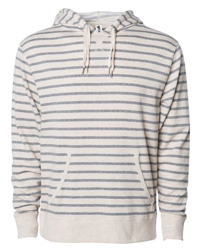 Front of beige and gray striped french terry pullover hoodie with a kangaroo pocket, two drawstrings, and thumbholes.