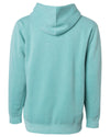 Back of a pastel mint pullover hoodie.