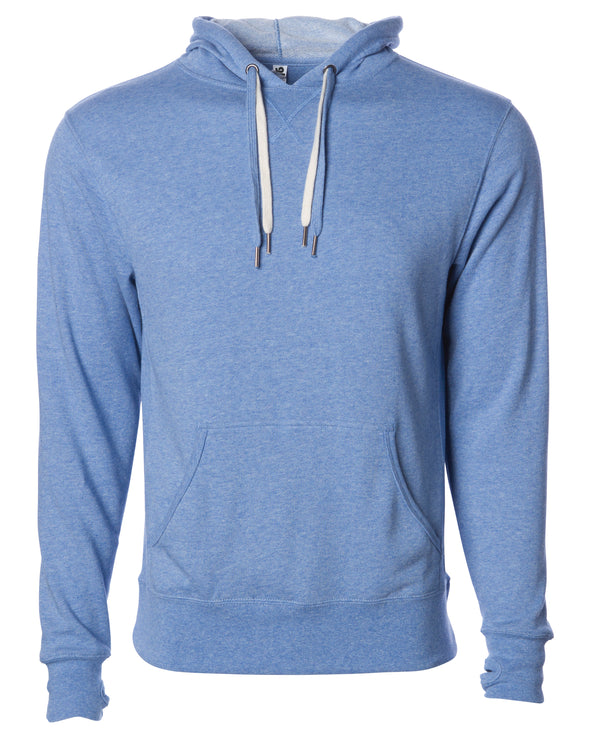 Front of sky blue french terry pullover hoodie with a kangaroo pocket, two drawstrings, and thumbholes.