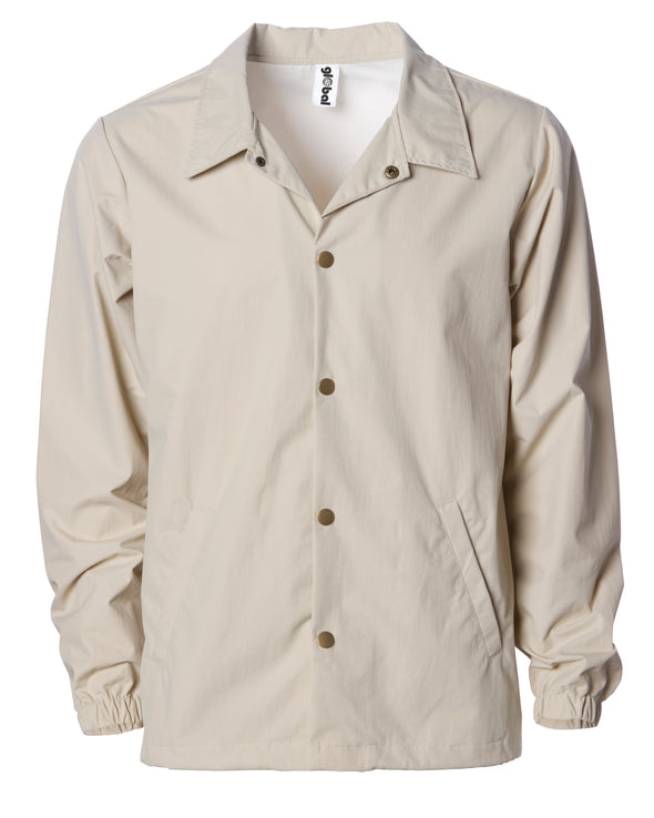 Front of a khaki nylon coach's jacket with gold buttons.
