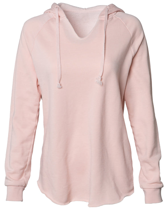 Front of a long sleeve blush pink pullover hoodie.