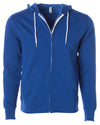 Front of a blue zip-up fleece hoodie with front pockets and a white drawstring.