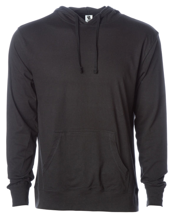 Front of a black long sleeve t-shirt jersey hoodie with a matching drawstring and kangaroo pocket.