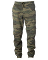 Front of green camouflage sweatpants with black drawstring waistband and cuffed ankles.