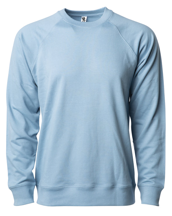 Front of a light blue french terry long sleeve crew neck sweater.
