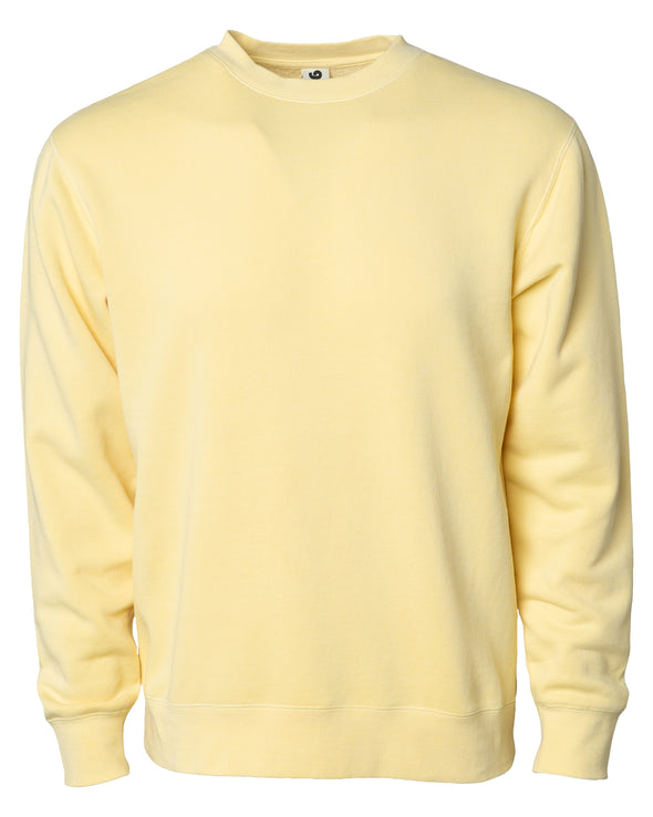 Front of a pastel yellow crew neck sweatshirt.