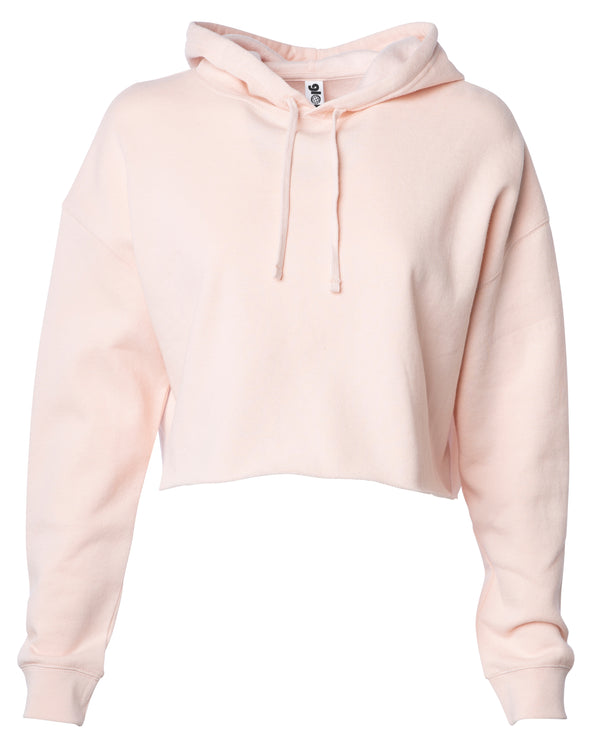 Front of a pink long sleeve crop top hoodie.