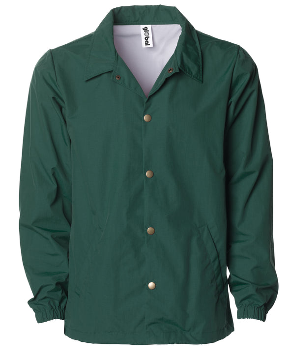 Front of a green nylon coach's jacket with gold buttons.