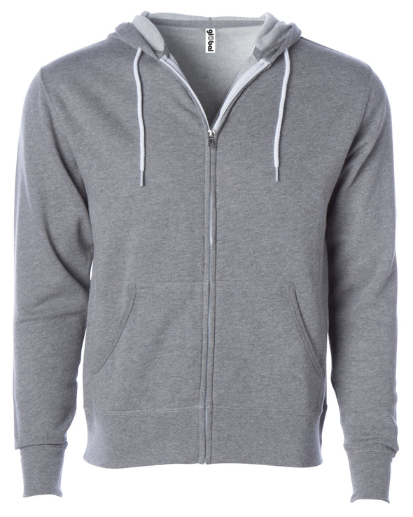 Front of a light gray zip-up fleece hoodie with front pockets and a white drawstring.