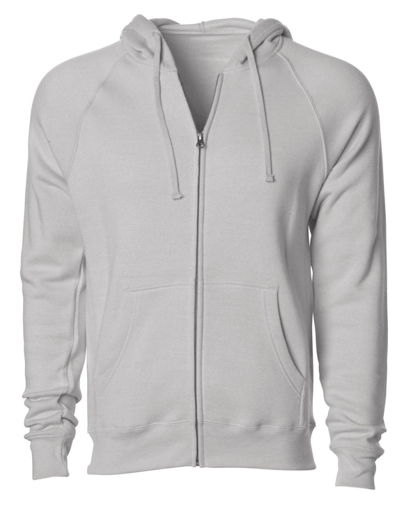Front of a stone gray fleece zip-up hoodie with front pockets and a drawstring.