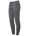 Front of charcoal gray sweatpants with elastic cuffs and a drawstring waistband.