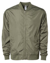 Front of a army green zip-up bomber jacket with front pockets and elastic cuffs.