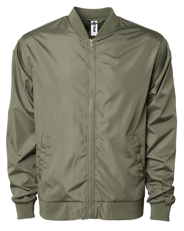 Front of a army green zip-up bomber jacket with front pockets and elastic cuffs.