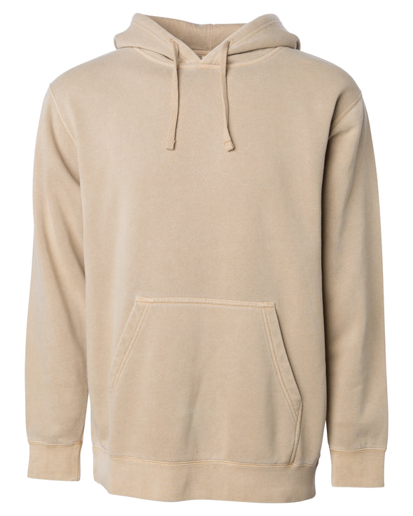 Front of a tan pullover hoodie with a kangaroo pocket.
