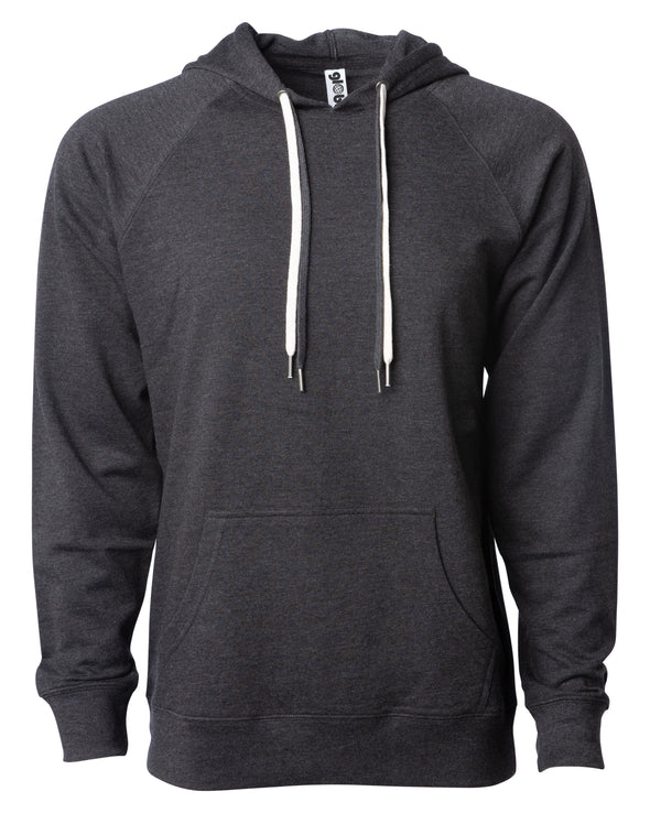 Front of a charcoal gray french terry pullover hoodie with a kangaroo pocket and two drawstrings.